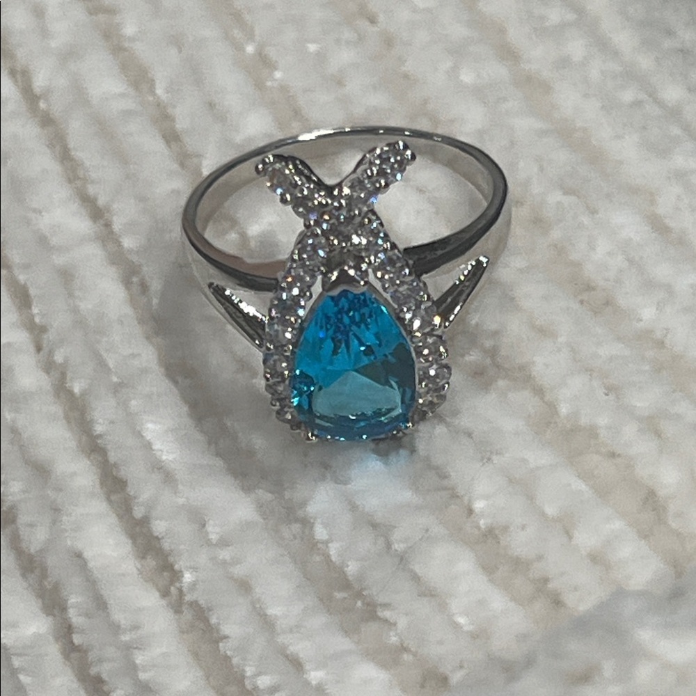 925 Silver Ring Artisan Blue Crystal Teardrop Statement Ring